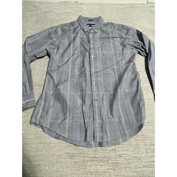 Tommy Hilfiger Shirt Men’s XL Gray Button Down Collared Plaid Custom Fit - Picture 1 of 10